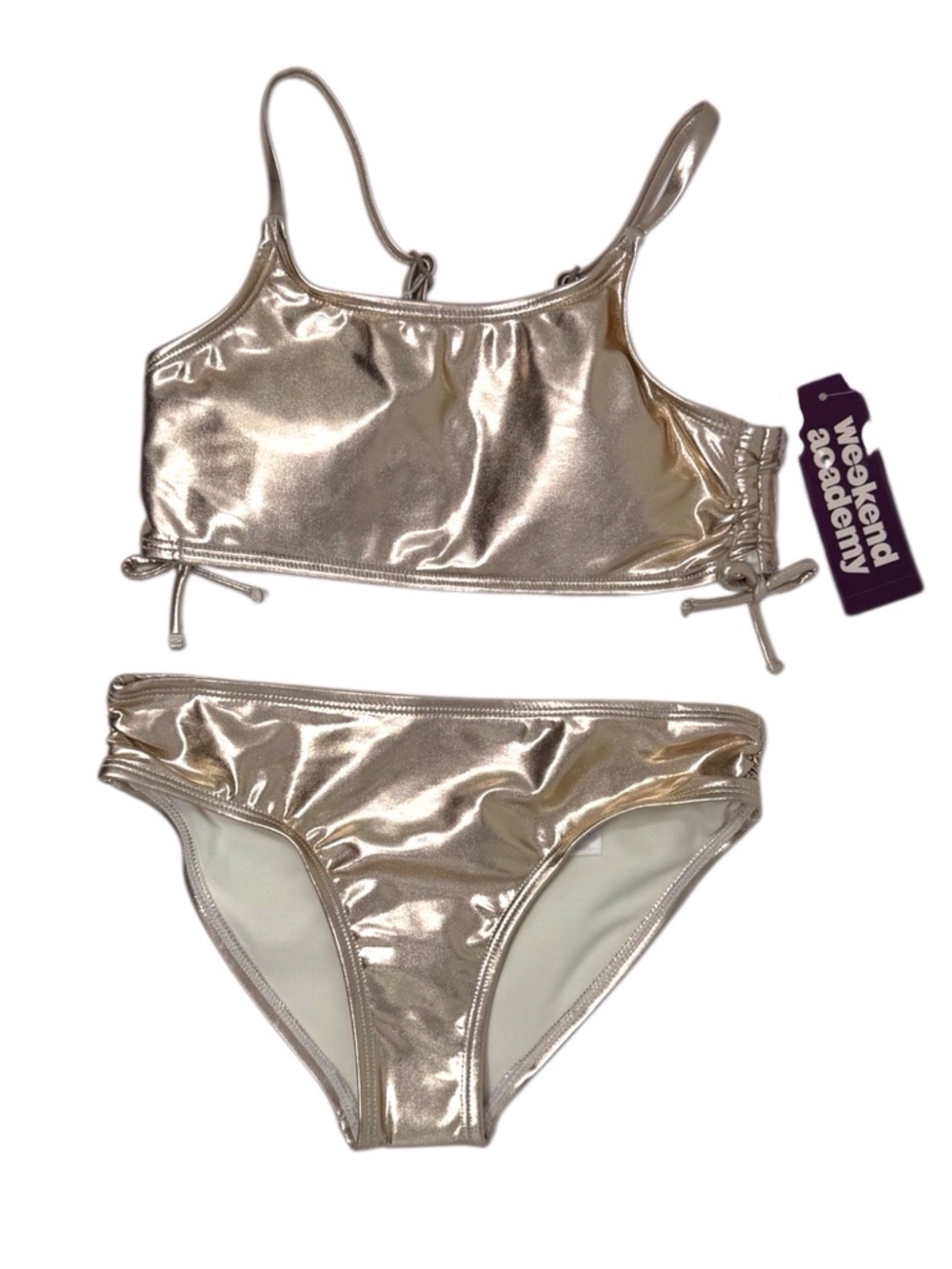 Miami Metallic Gold tween bikini set Cinched Sides UPF 50+ girls size M/8 NWT
